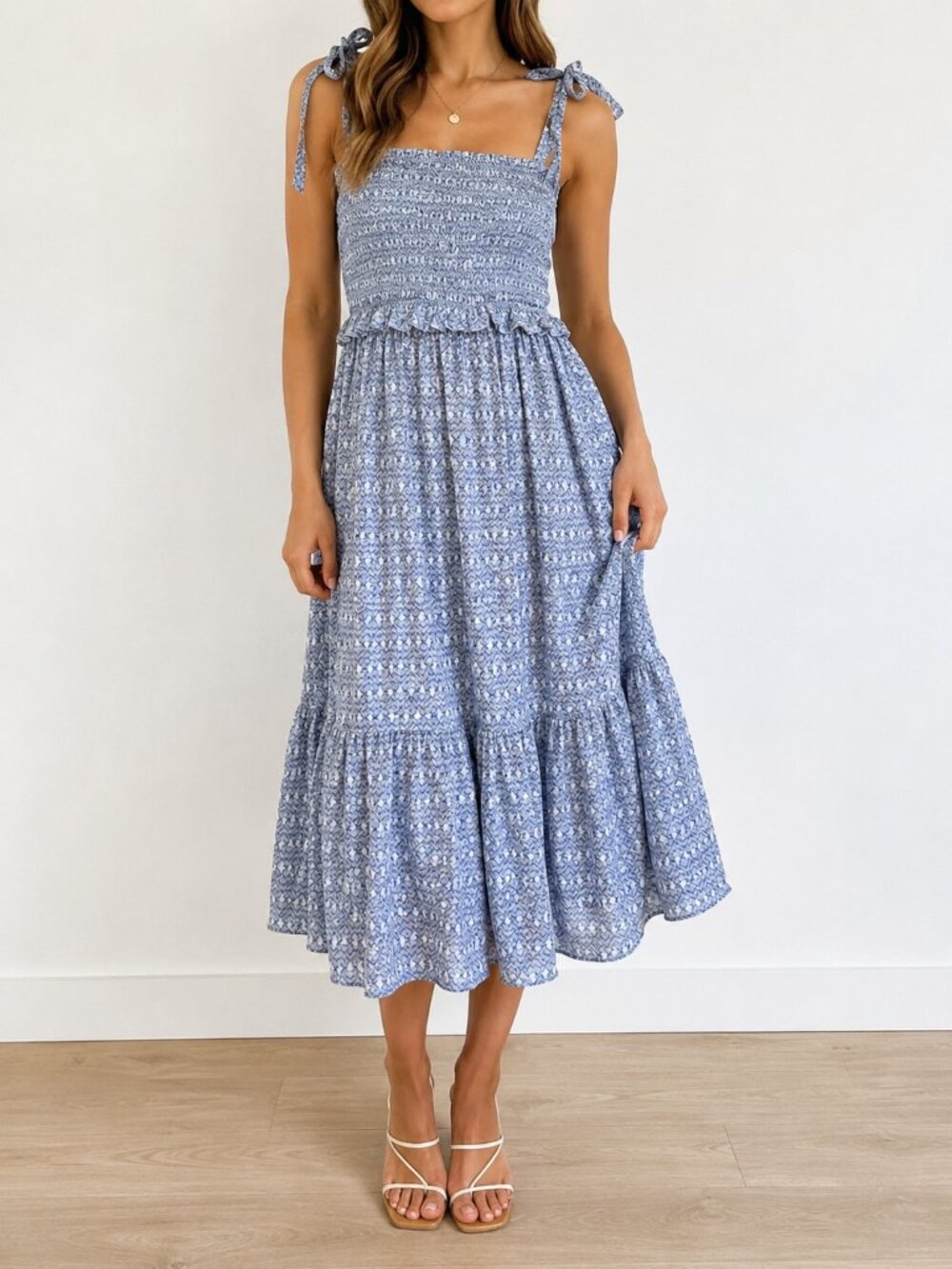 NWT Good Luck Gem Blue Smocked Tie Strap Midi Dress Size S